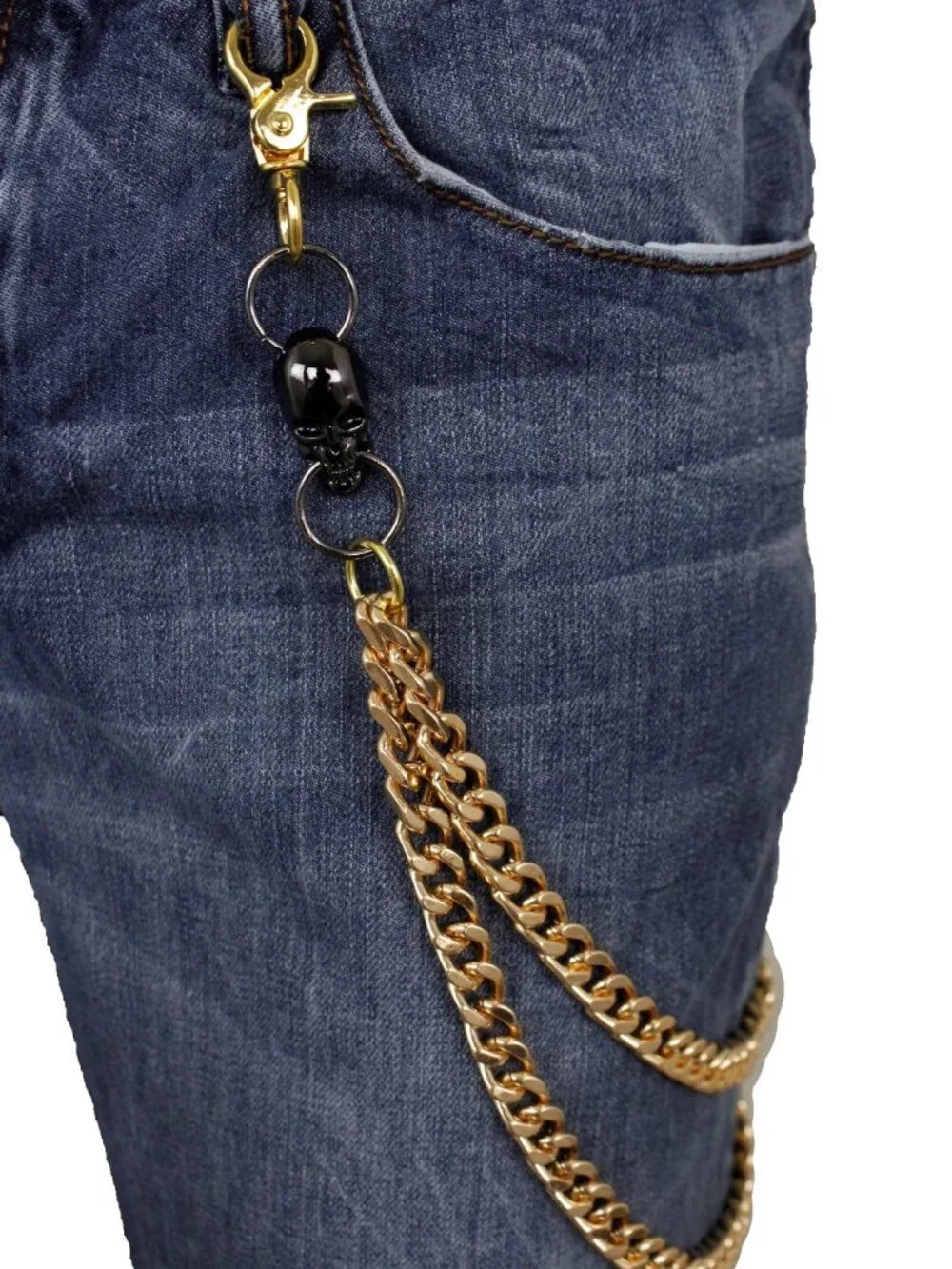 NEW Men Gold Metal Wallet Jeans Chains KeyChain Biker 2 Strands Pewter Skulls